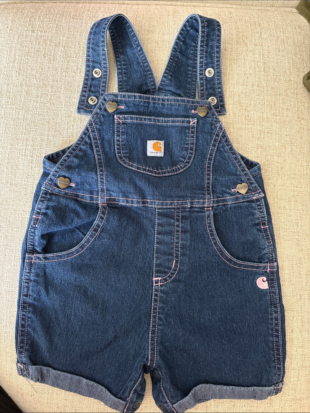 Carhartt Dark Blue Denim Short Overalls w/Pink Stitching, logo, heart snaps 24M